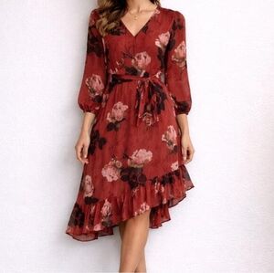 Floral Asymmetrical Red Dress